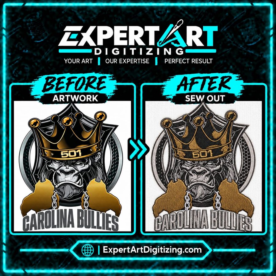 Carolina Bullies gorilla mascot before and after embroidery digitizing