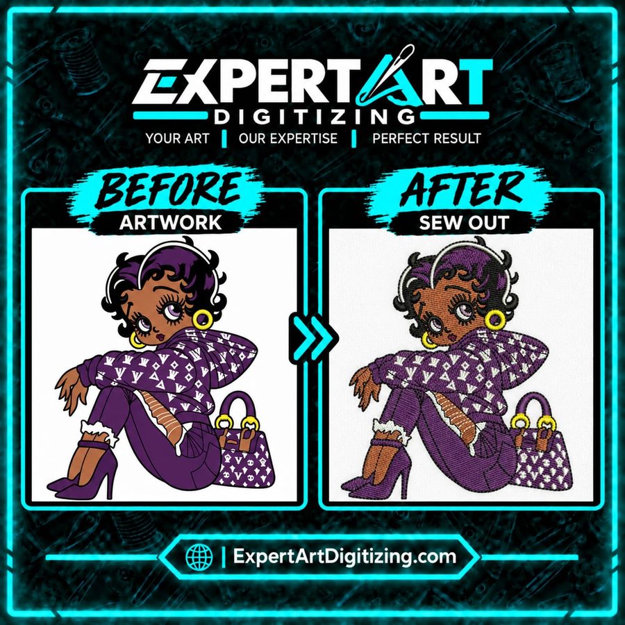 Purple fashion character before and after embroidery